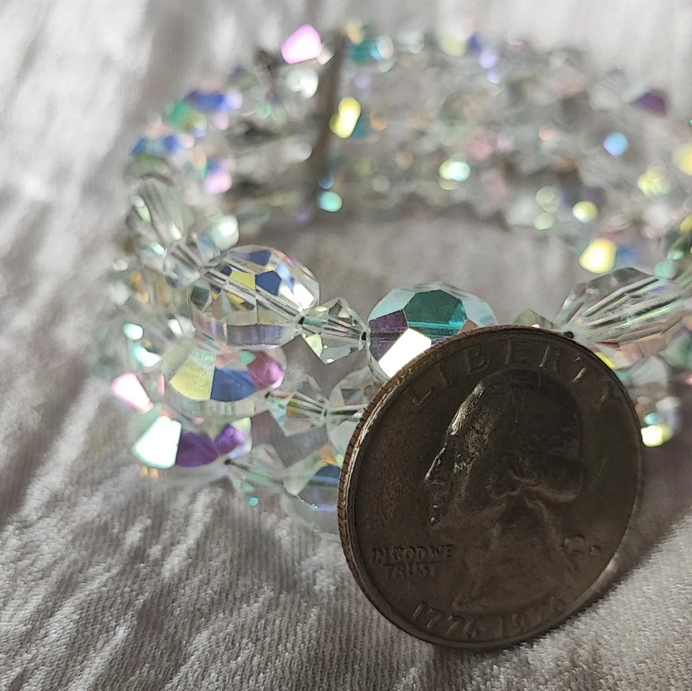 Triple Strand Vintage Memory Wire Crystal Clear Aurora Borealis Bracelet Small
